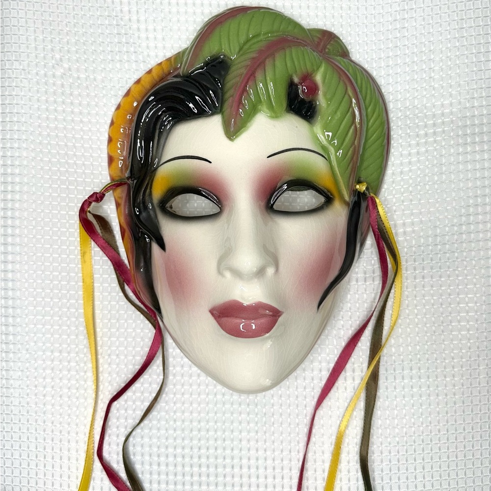 SOLD Vintage 1980s Clay Art San Francisco Ceramic Wall Mask Woman Palm Leafs